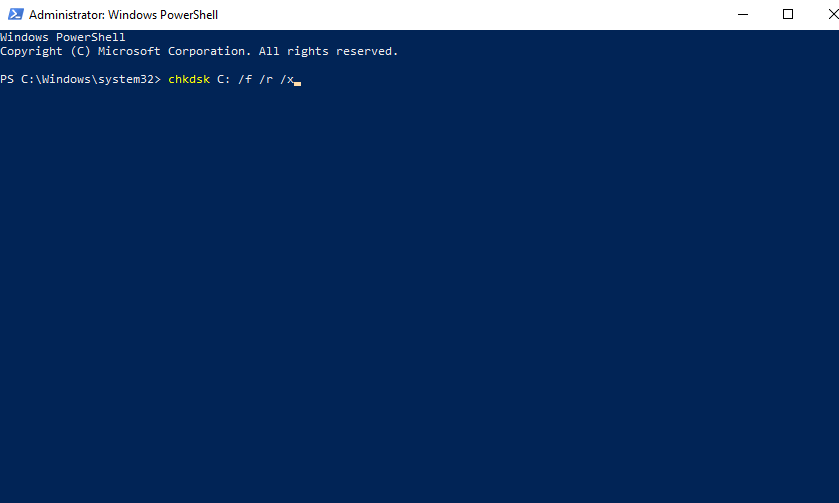 Administrator PowerShell z poleceniem chkdsk - Błąd 0xc190012e